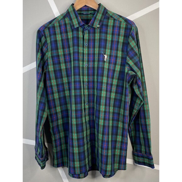 William Murray Shirt Mens Medium Green Tartan Plaid Outdoor Golf Button Stretch - Picture 1 of 16